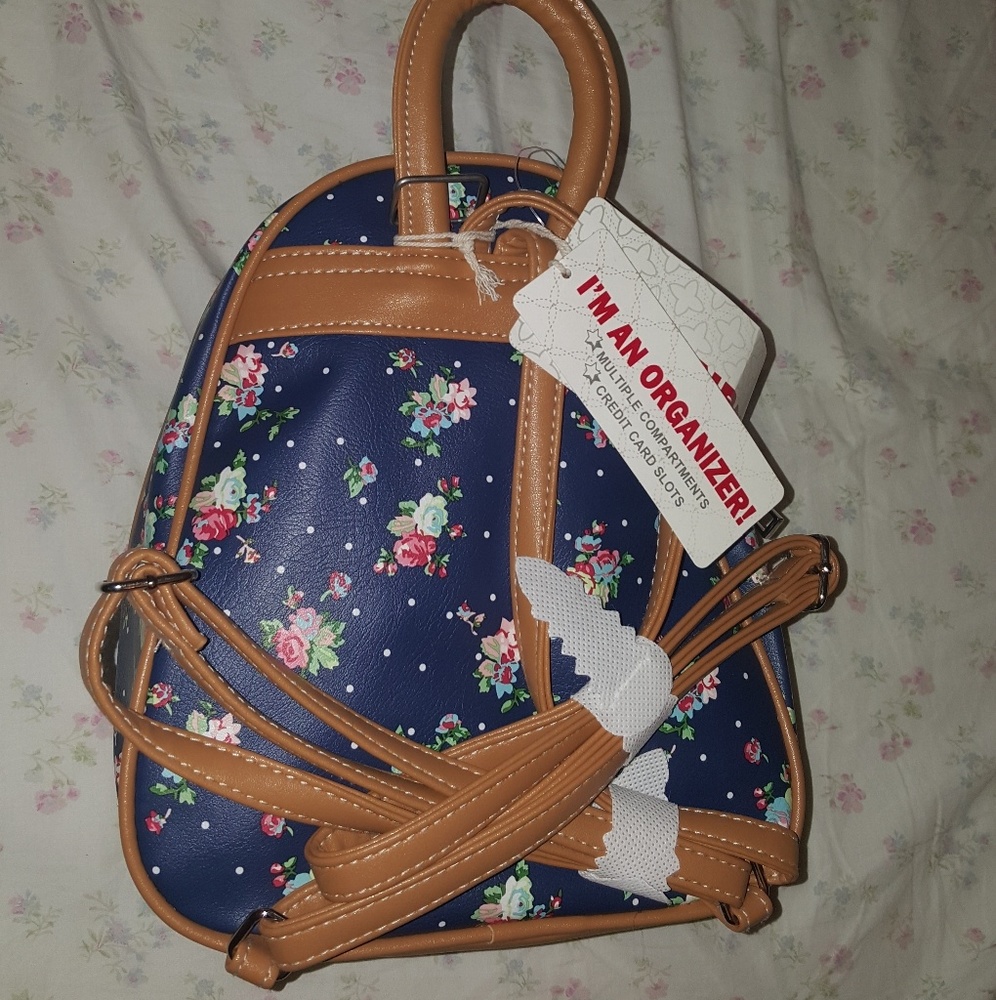 Floral with white dots navy mini backpack purse - Picture 2 of 4